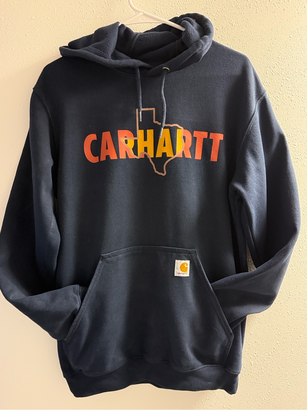 Carhartt Navy Hoodie with Orange and Yellow Logo Outline